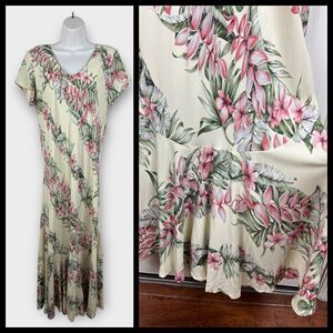 Vintage KAUA’IANA Hawaiian Floral Maxi Dress Large Y2K 90s Bias Cut Tropical